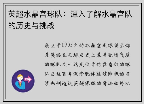 英超水晶宫球队：深入了解水晶宫队的历史与挑战